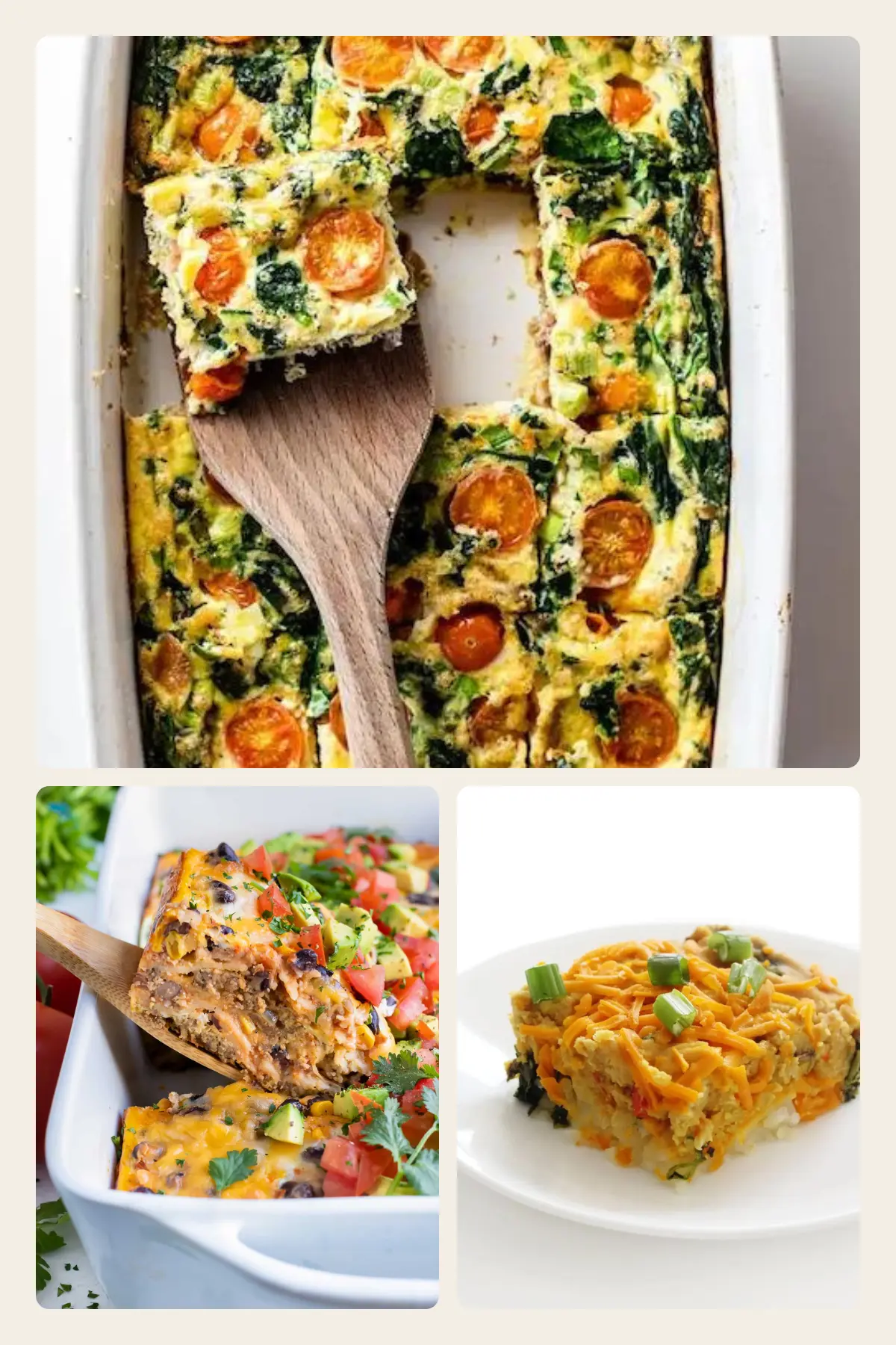 A slice of casserole on a plate and two birds-eye views of high protein casseroles.