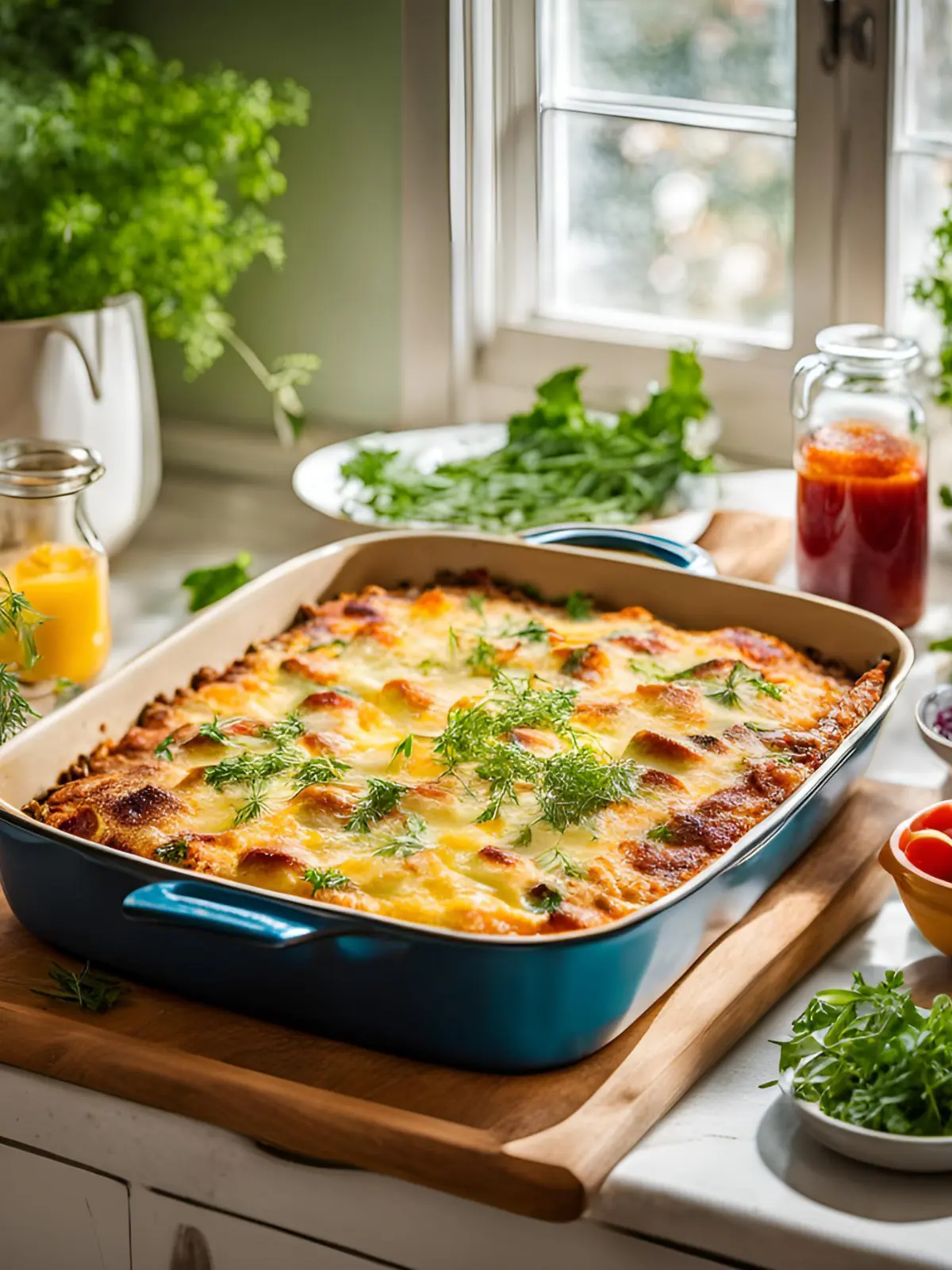 A breakfast casserole right out of the oven on a counter in a kitchen next to a glass of juice.
