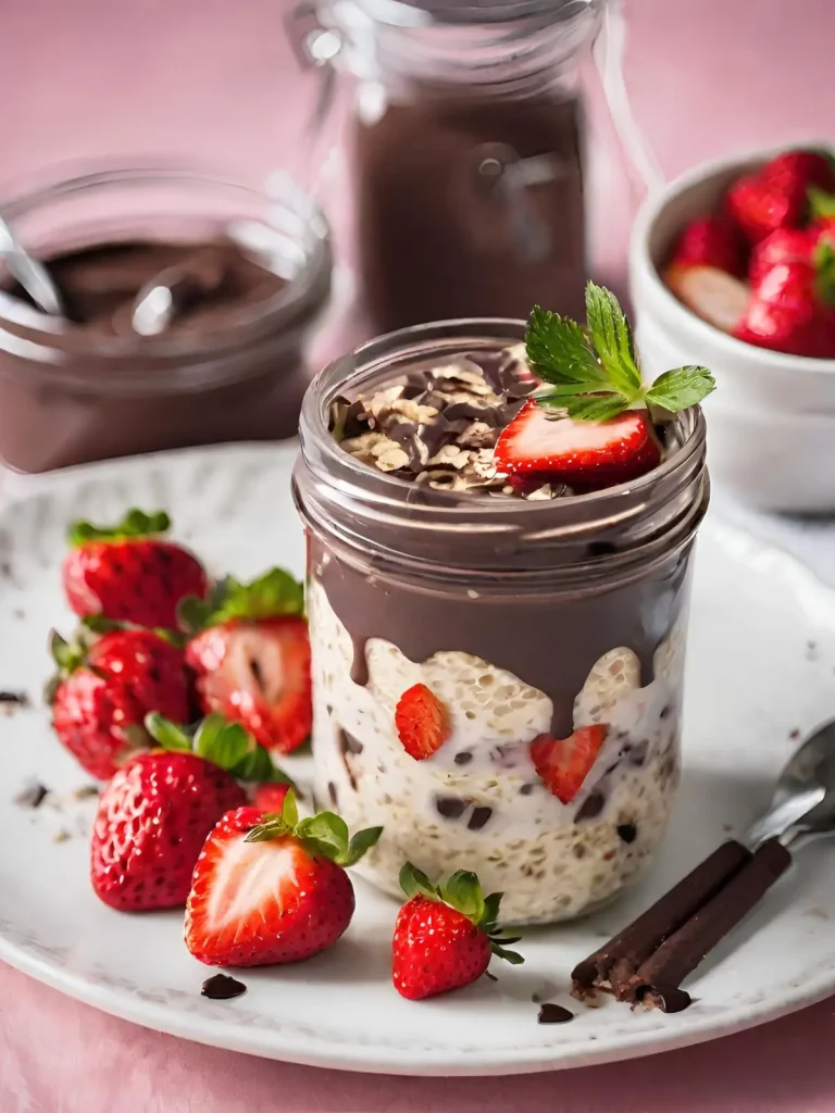 A mason jar of chocolate strawberry overnight oats on a plate garnished with strawberries.