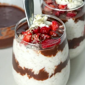 Two galsses of overnight oats layered with dark chocolate date sauce and diced strawberries next to a bowl of date sauce.