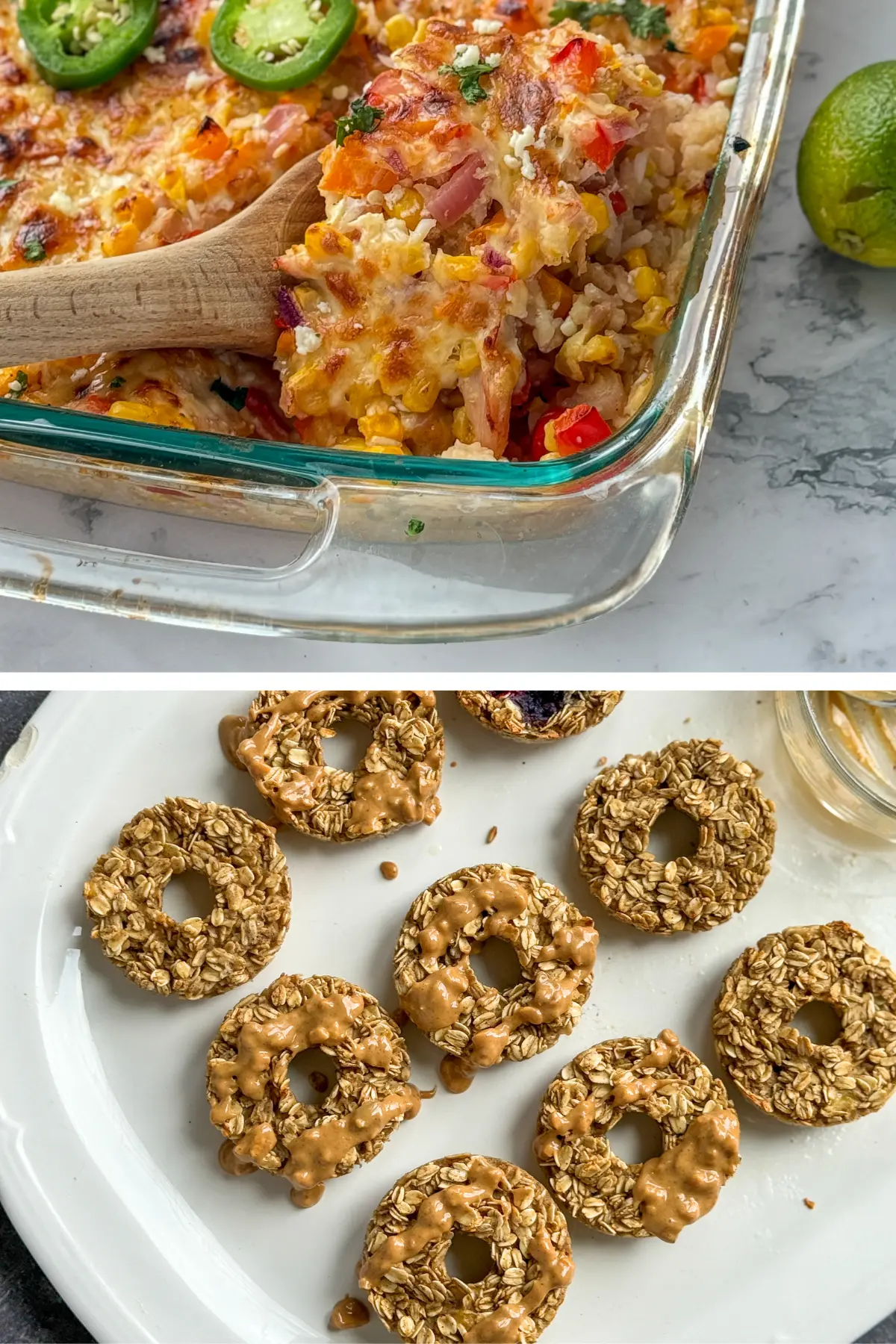 A street corn casserole and a white platter of baked donuts for meal train ideas for postpartum moms.