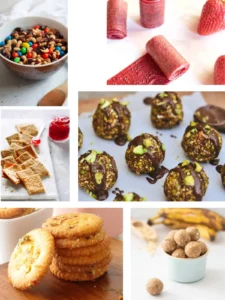 A collage of various homemade healthy road trip snacks.