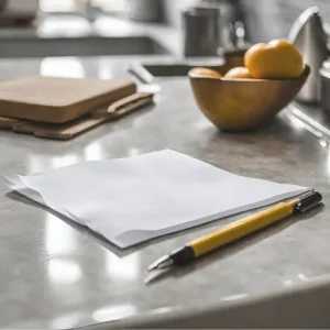 A piece of paper on the counter next to a pen and a bowl of fruit.