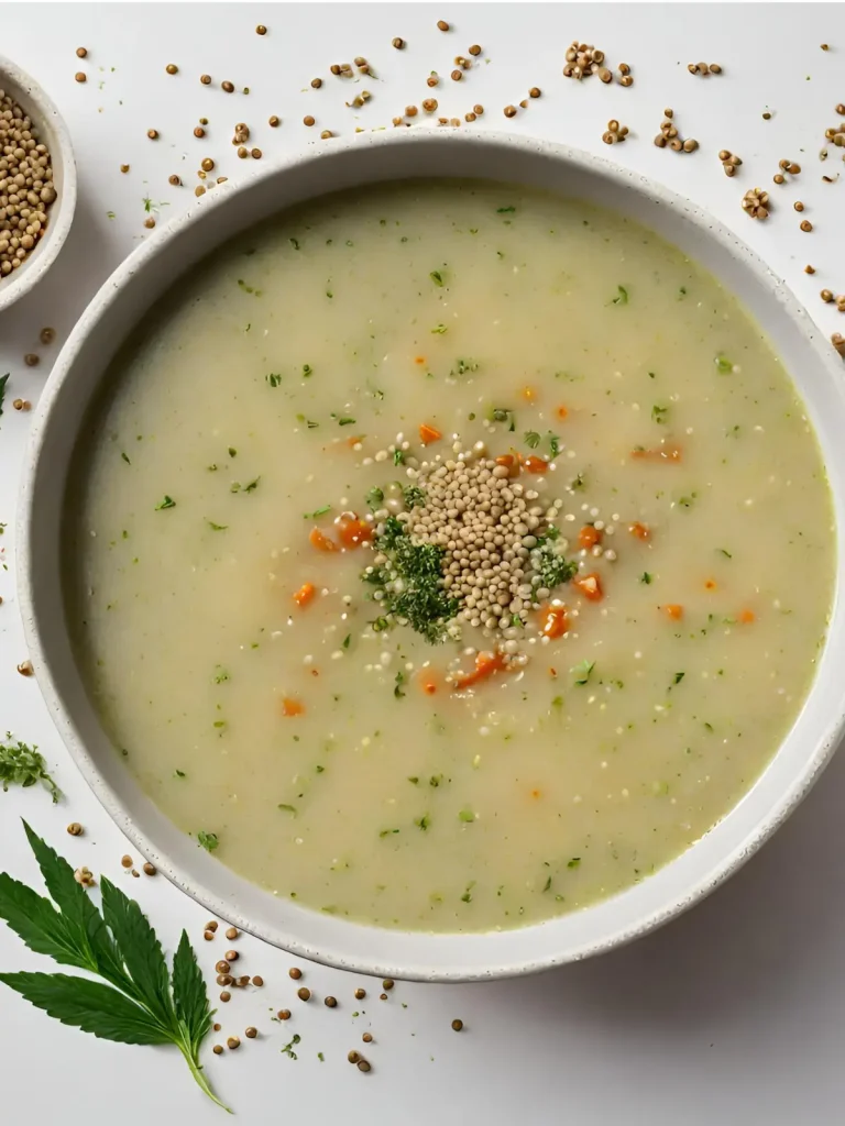 A veggie and broth based soup in a bowl topped with hemp seeds on a table.