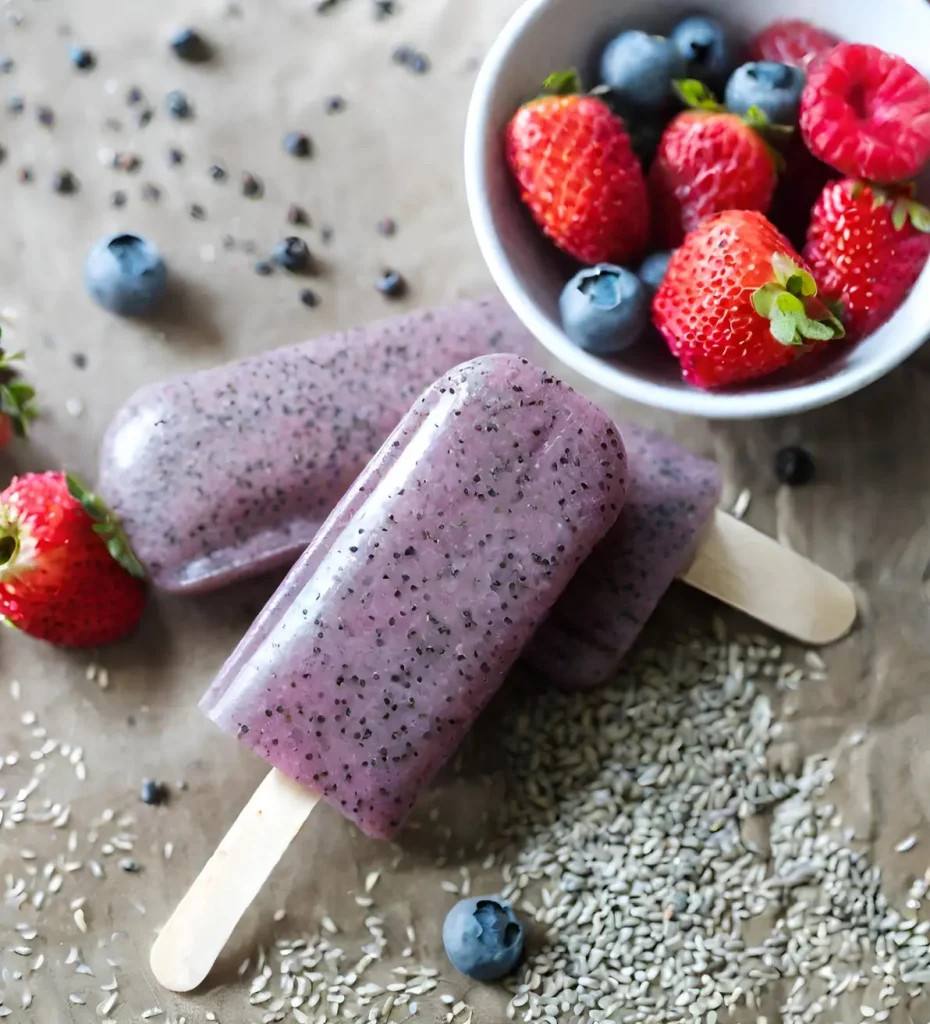 Chia seed popsicles on top of one another next to a bowl of berries on a counter.