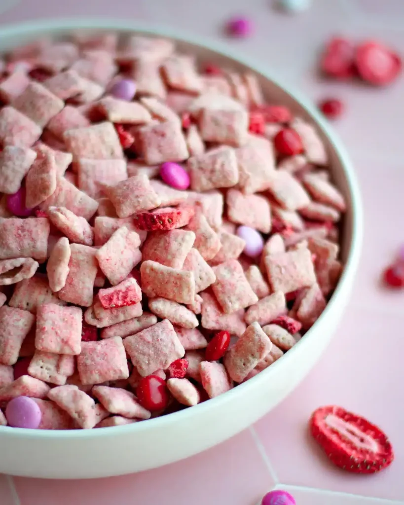 Valentine's strawberry puppy chow in a large bowl.
