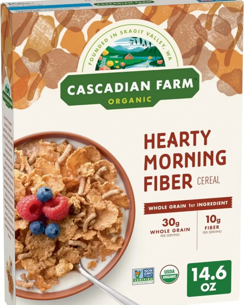 A box of Cascadian Farms Hearty Morning Fiber breakfast cereal.