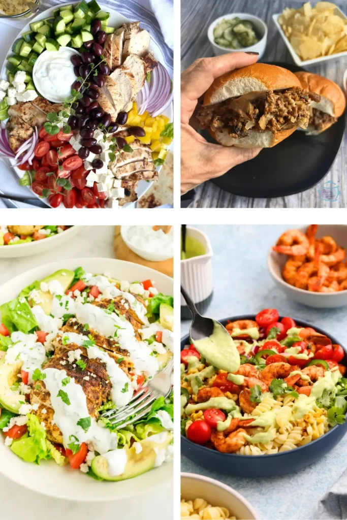 Four images of fresh and healthy summer dinners.