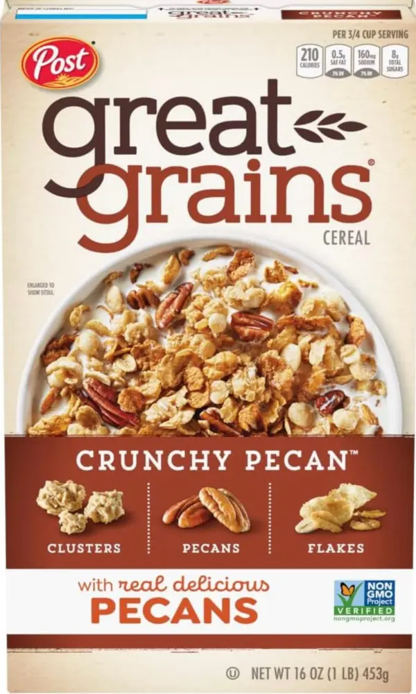 A box of Great Grains Crunchy Pecan breakfast cereal.