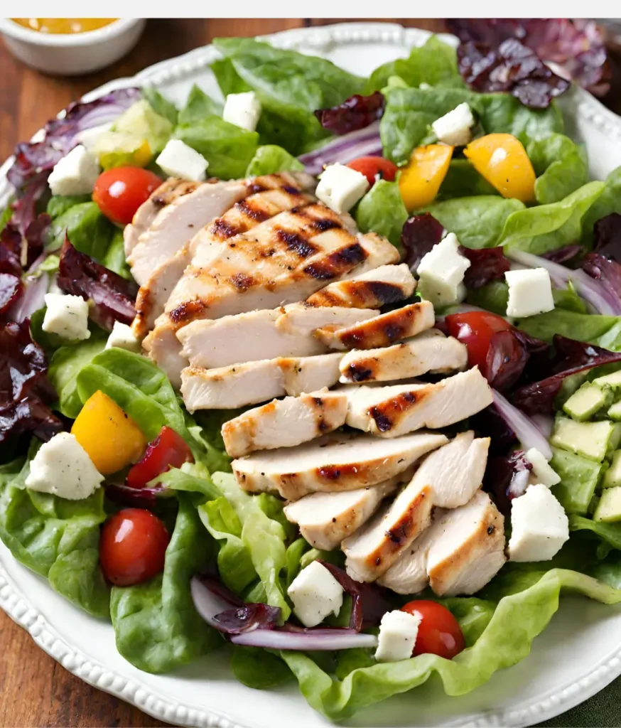 A high protein grilled chicken salad in a white bowl on a dining table.