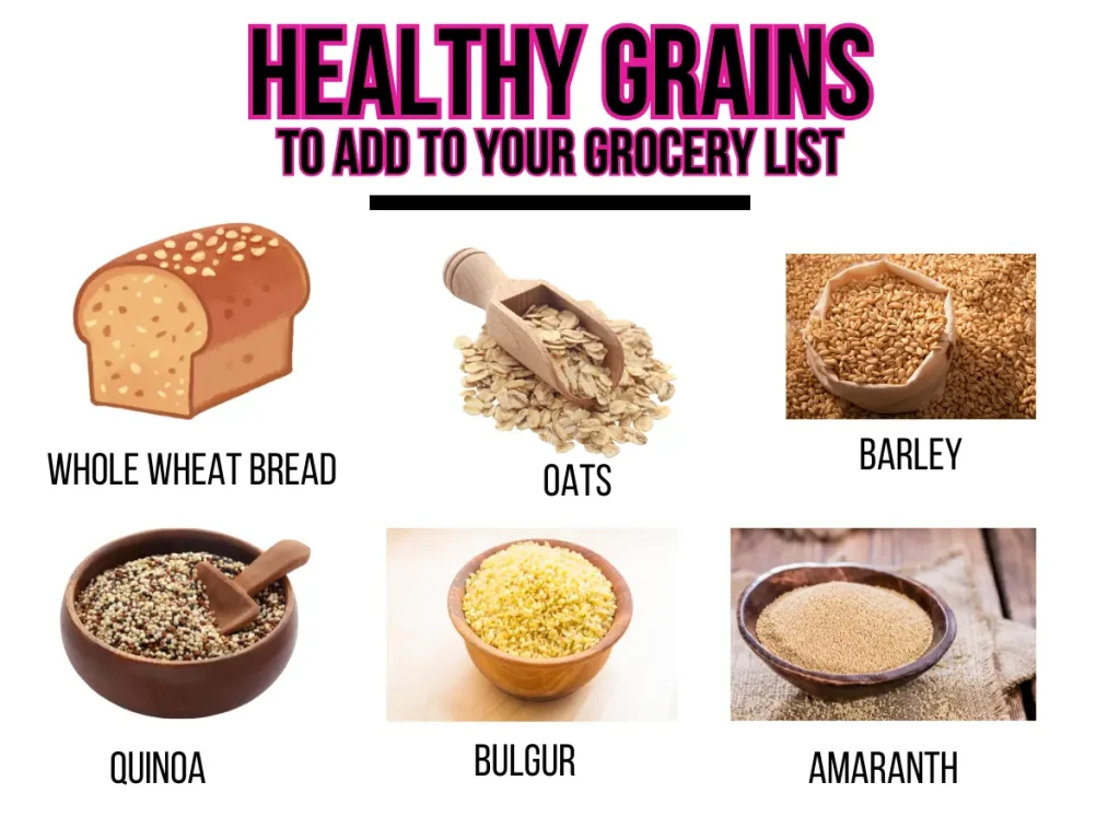 Pictures of healthy grains to add to your grocery list with text underneath them naming what they are.