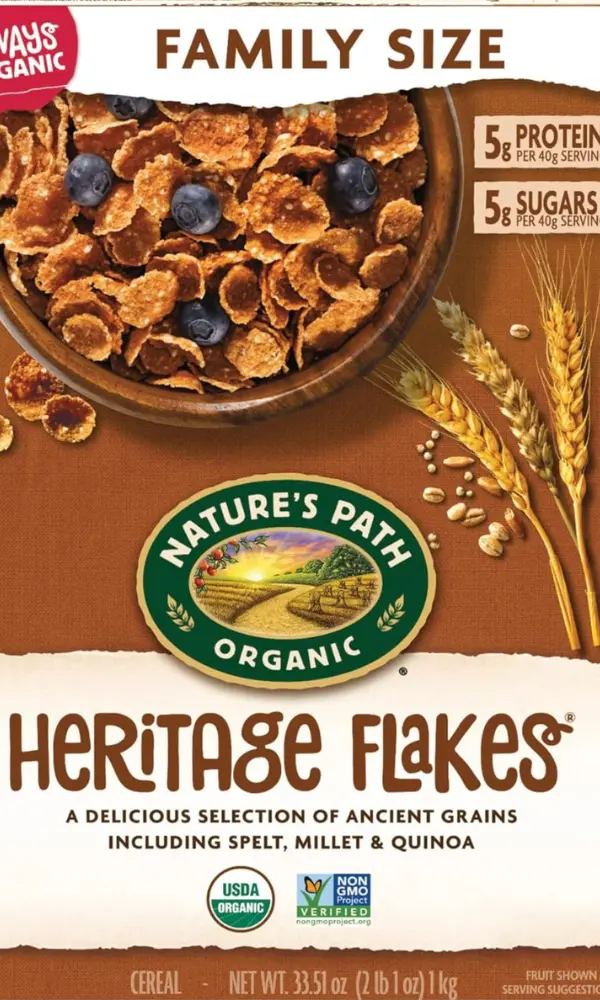 Heritage Flakes breakfast cereal box.