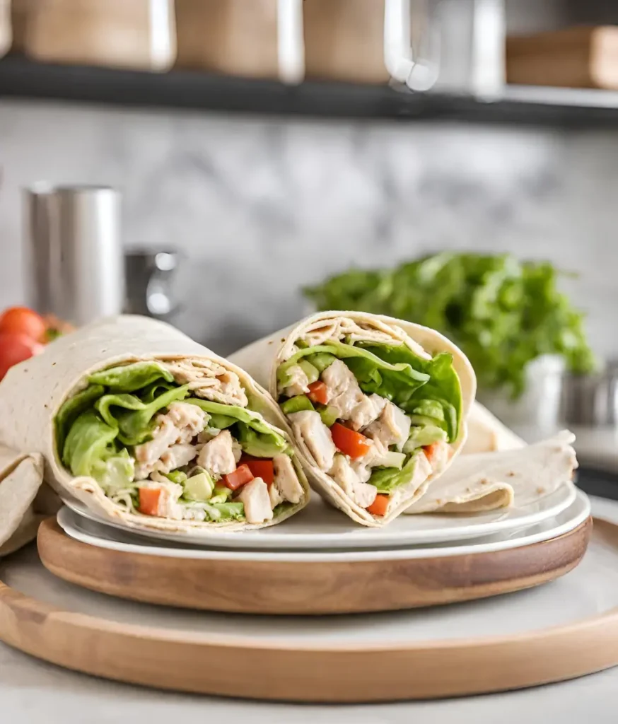 Two halves of a chicken salad wrap on a white plate on the counter in a kitchen.