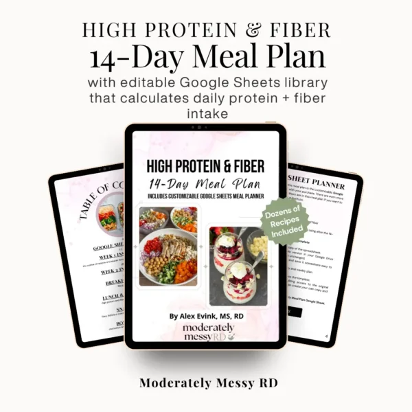 Three ipads showing parts of the high protein and fiber e-book for marketing.