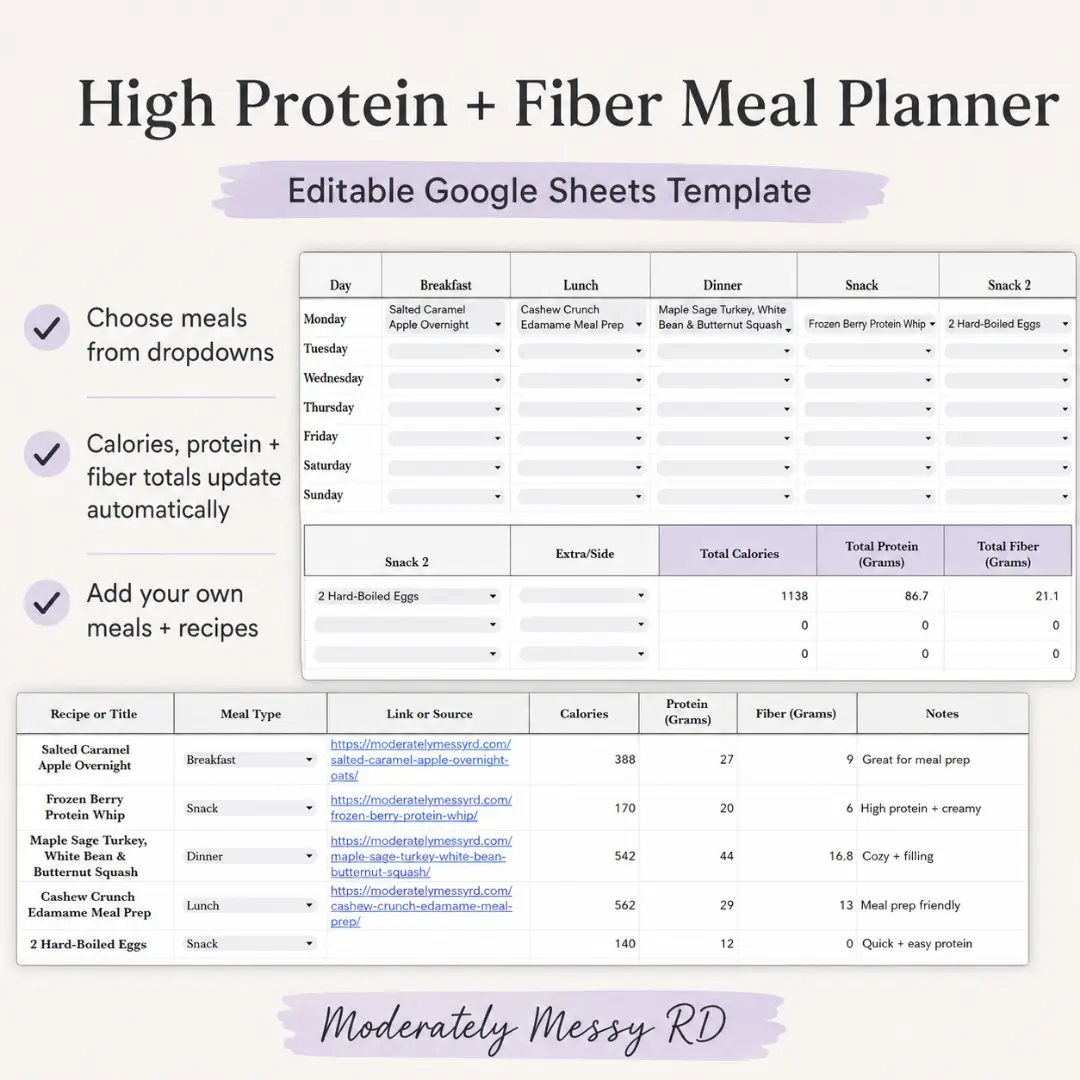 The Google Sheets meal planner with some text around it showing what it does.