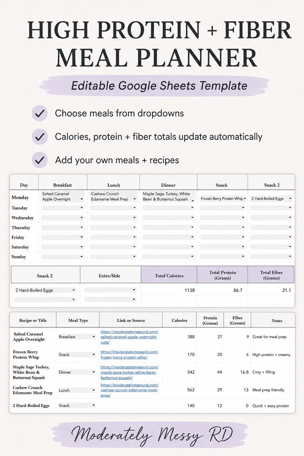 Showing the Google Sheets Weekly Meal Planner and Master Library with text around it.