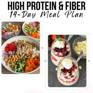 The cover of the 14-day high protein and fiber meal plan with two photos of recipes inside.