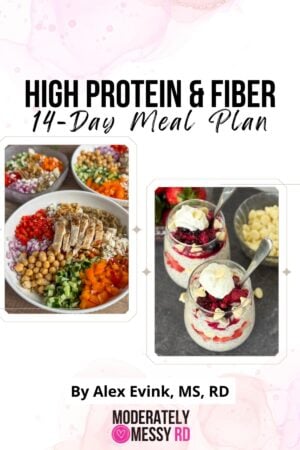 The cover of the 14-day high protein and fiber meal plan with two photos of recipes inside.