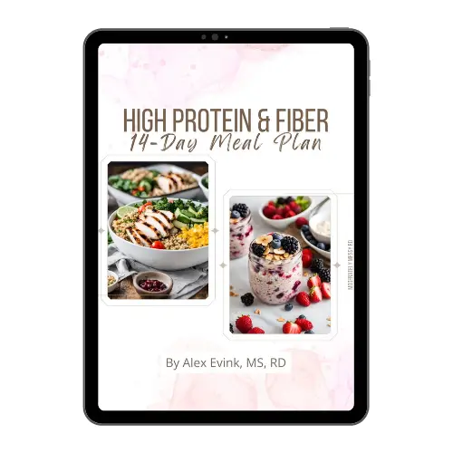 The high protein and fiber meal plan front page pulled up on a tablet.