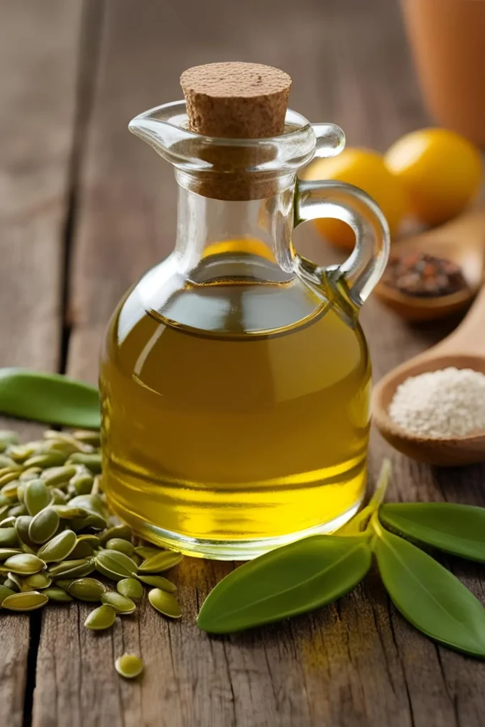 A large bottle of olive oil next to basil leaves.
