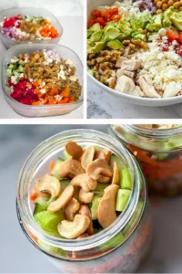 Three photos featuring nutrient-dense, veggie-packed meals suitable for the Mediterranean diet.
