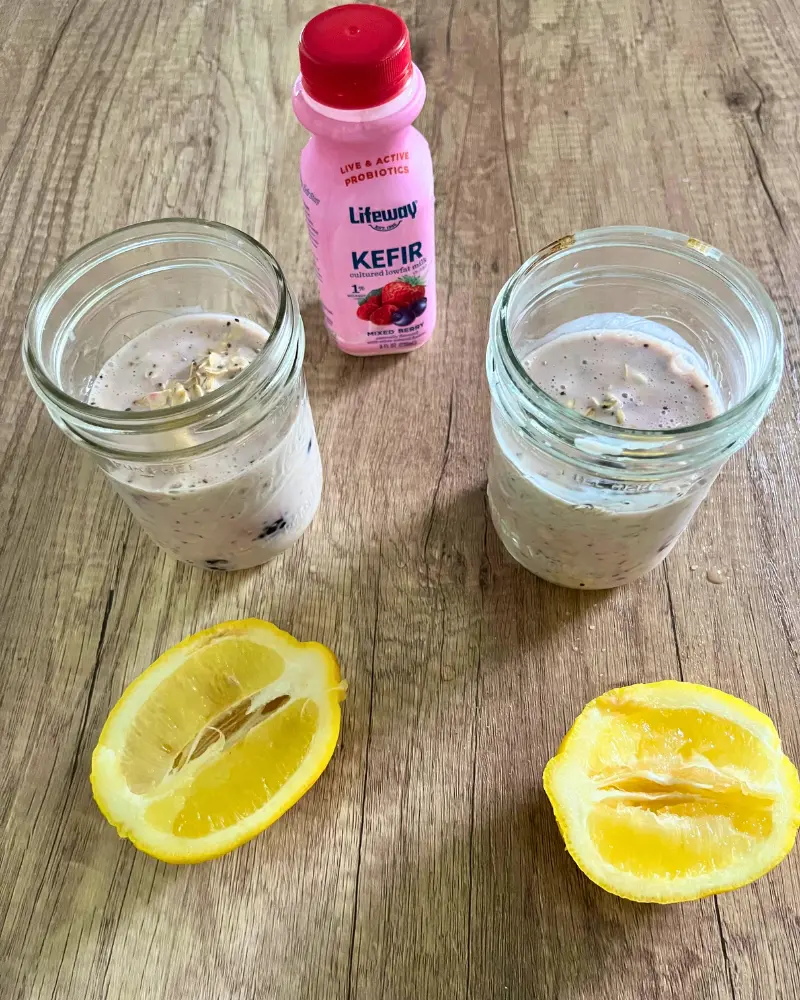 Kefir overnight oats in two jars prior to refrigeration.