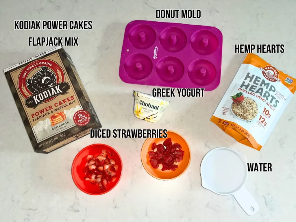 Ingredients for the pancake protein donuts on a counter.