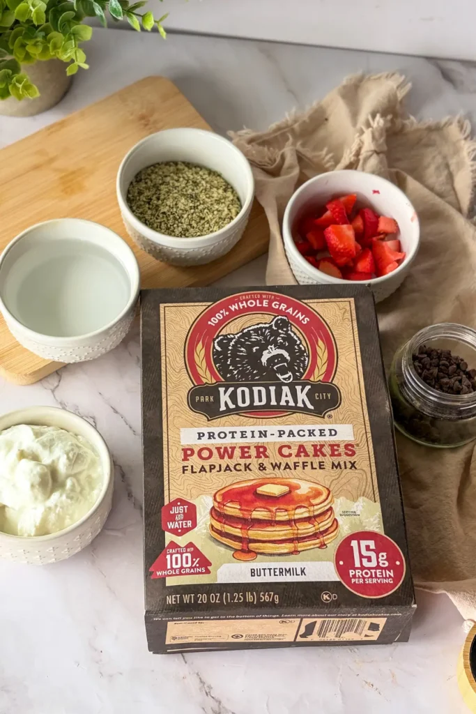 The ingredients for the pancake donuts on a counter.