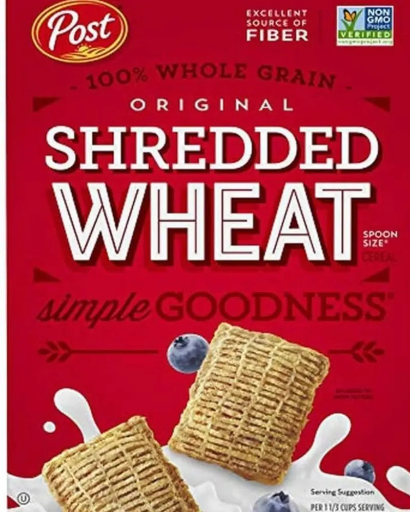 A box of Post Shredded Wheat breakfast cereal.