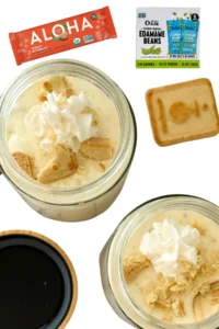 Two jars of banana pudding collaged with an Aloha protein bar and a package of The Only Bean Roasted Edamame.