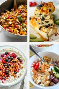 A high protein and fiber dense bean salad, breakfast burrito, chia bowl and Greek chicken bowl collaged in one photo.