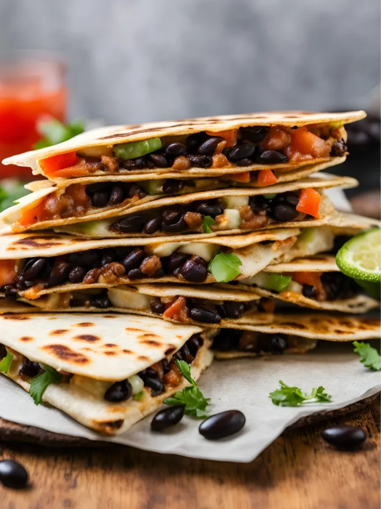 A black bean quesadilla, quartered, and stack on top of each other on a plate.