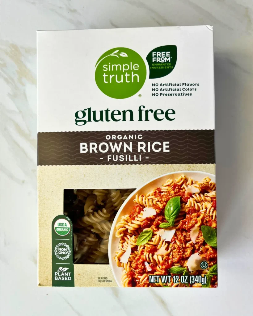 A box of Simple Truth Brown Rice Fusilli on a counter.