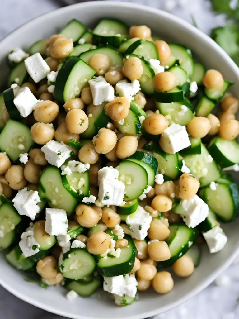 Diced cucumbers, feta cheese, and garbanzo beans in a bowl on the counter.