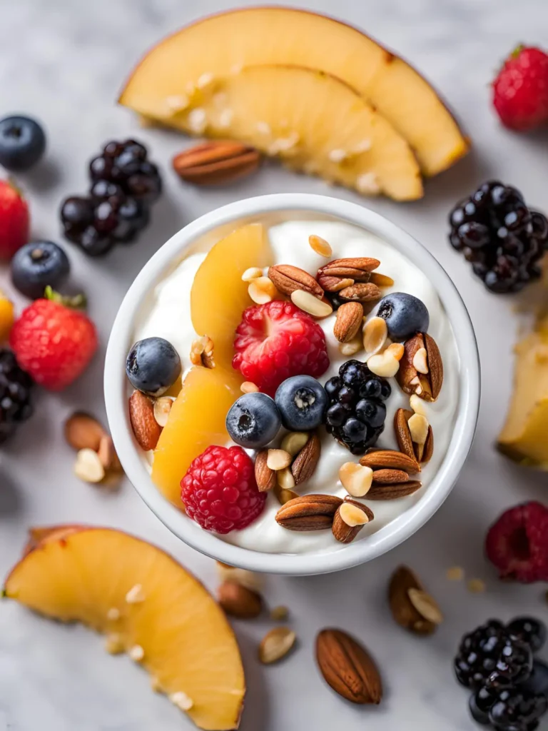 Greek yogurt in a glass topped with chopped nuts and fresh fruit on a counter.