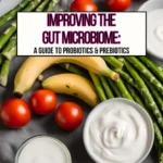 A bunch of bananas, asparagus, tomatoes, and a bowl of yogurt for a guide to probiotics and prebiotics featured image.