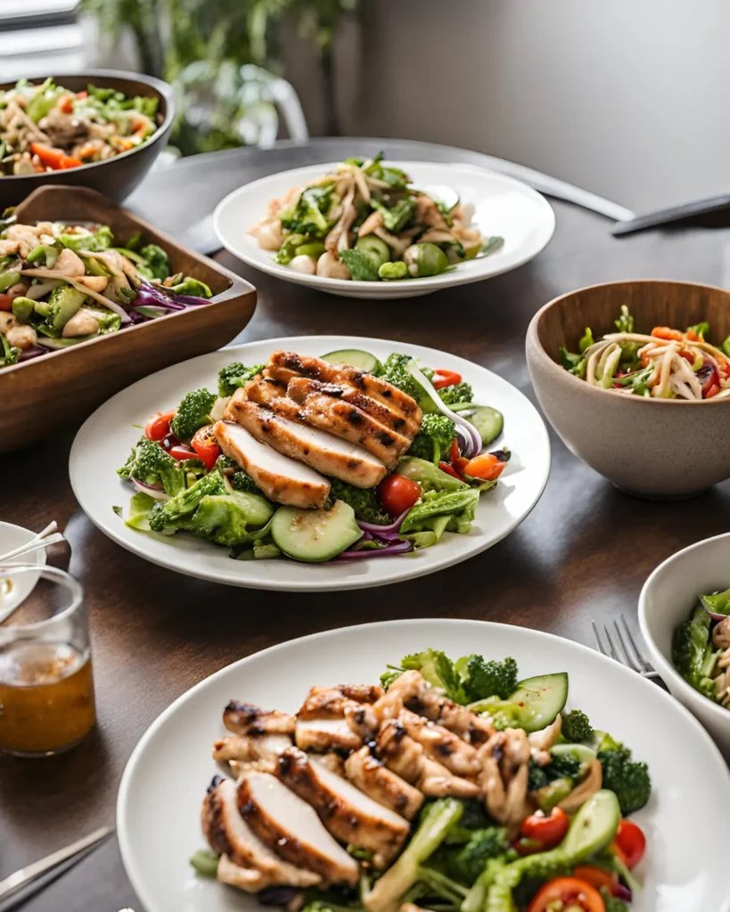 Grilled chicken salads and chicken stir fries on a dining table.