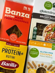 Boxes of pasta alternatives on a counter.