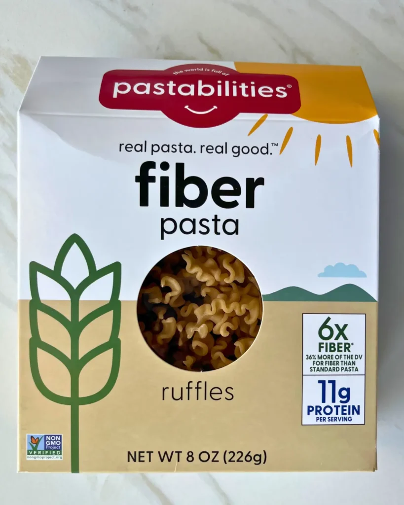 A box of Pastabilities fiber pasta on a counter.