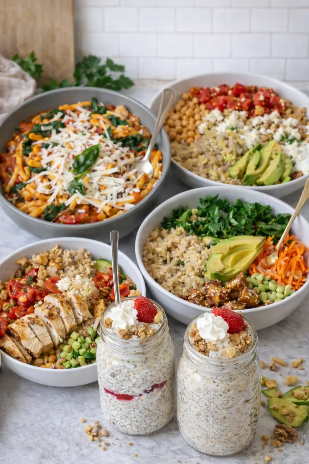 High protein and high fiber meals including pasta, grain bowls, tofu bowl, and overnight oats served on a kitchen counter.