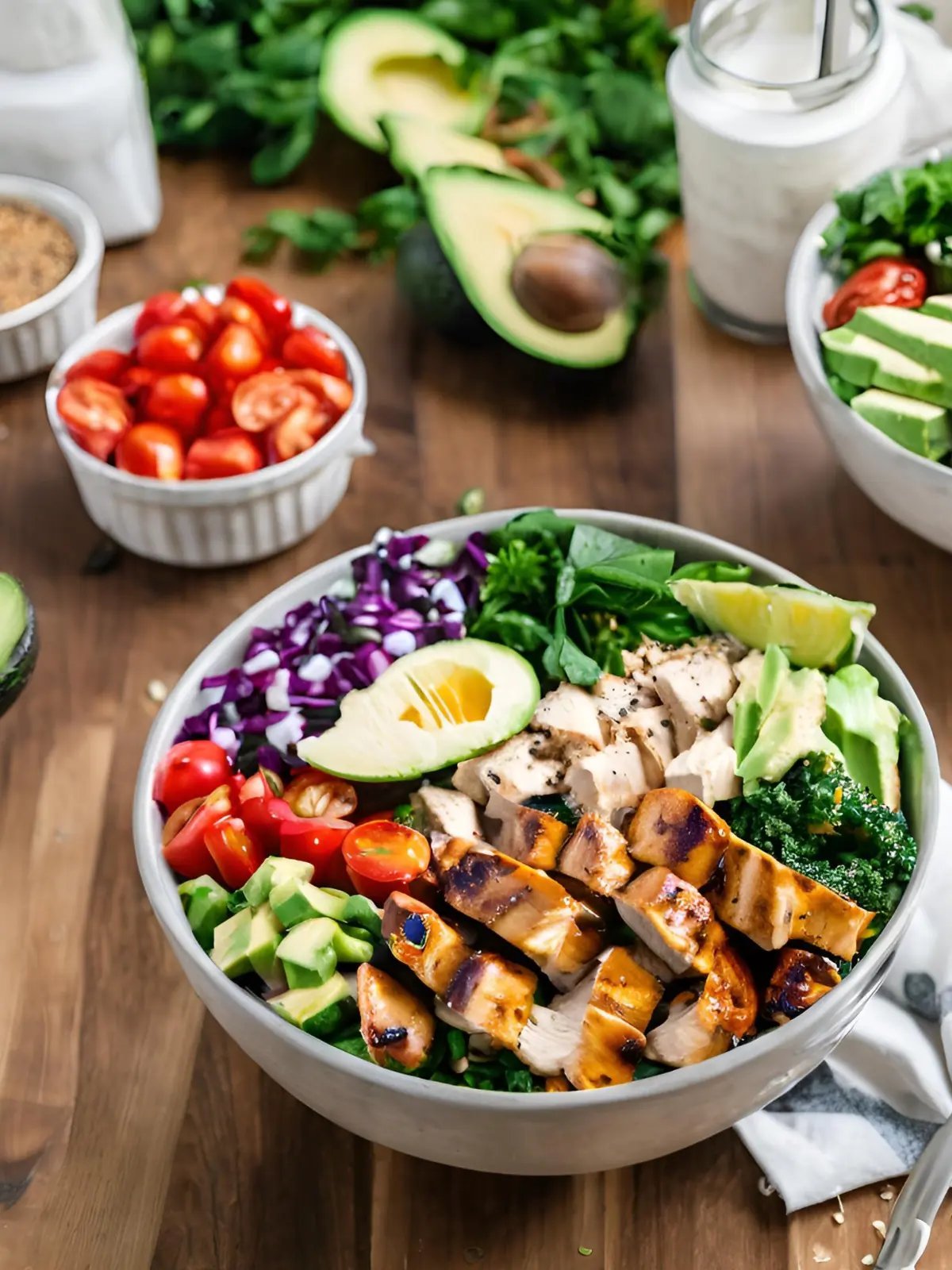 A well-balanced salad in a bowl with grilled chicken, black beans, veggies and sliced avoado on a table next to an avocado and bowl of tomatoes.