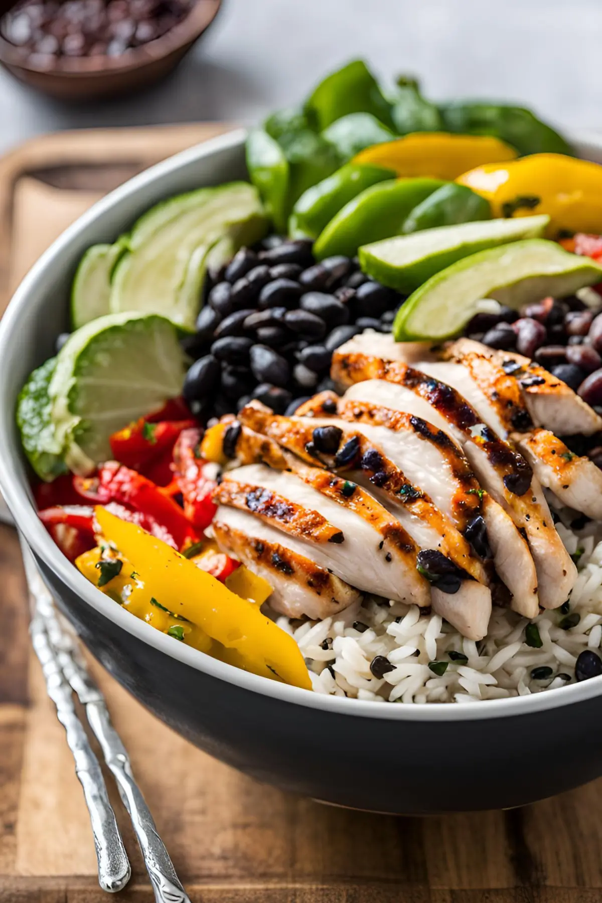 A chicken burrito bowl with black beans over rice on a table next to a spoon.