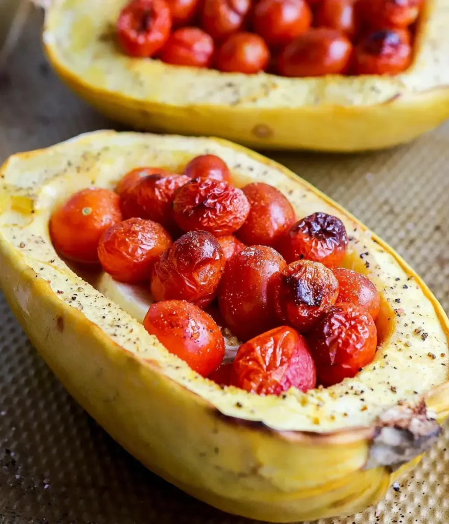 Two spaghetti squash halves filled with cherry tomatoes and feta cheese on a baking sheet.