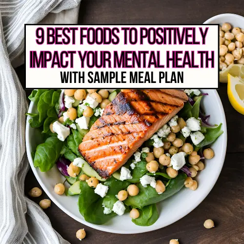 Grilled salmon over dark leafy greens with chickpeas in a bowl for best foods to positively impact mental health featured image.