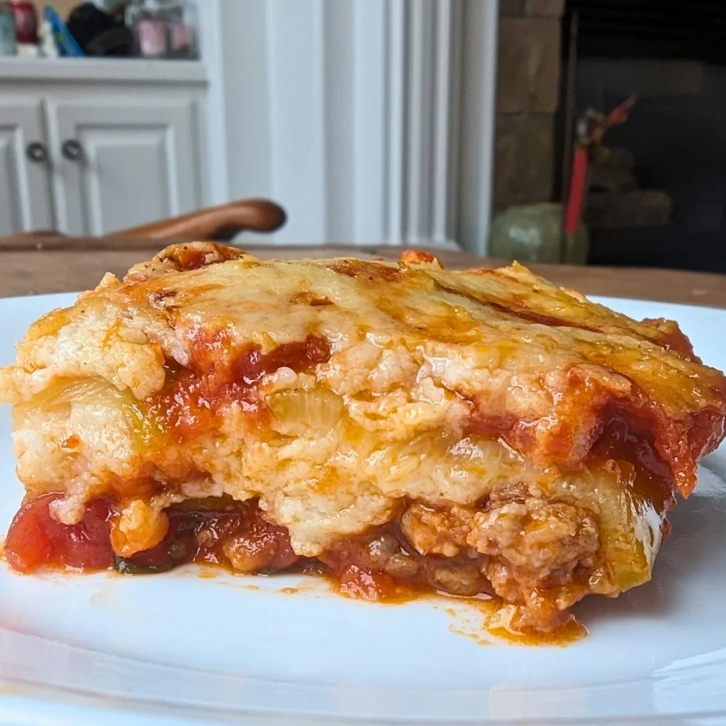 Dairy-free, gluten-free lasagna on a plate in the kitchen.