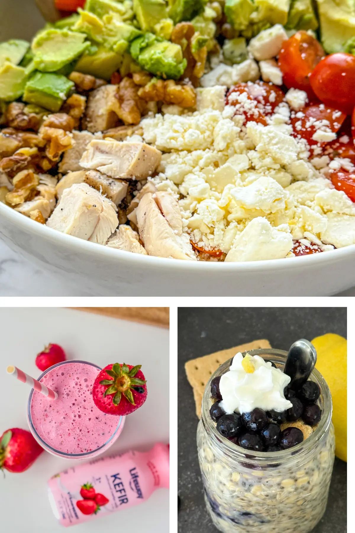 A collage of a nutrient-dense Mediterranean bowl, a kefir smoothie and blueberry overnight oats.