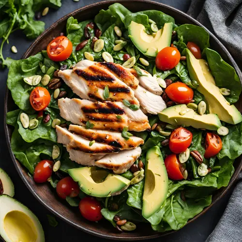 A grilled chicken salad topped with tomatoes, sliced avocado, and pumpkin seeds in a bowl on the table.