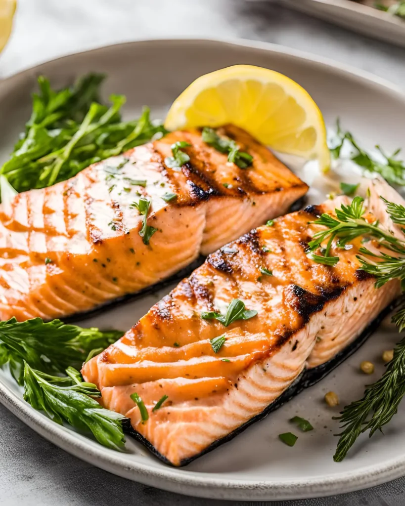 Two grilled salmon filets on a plate with a lemon wedge.