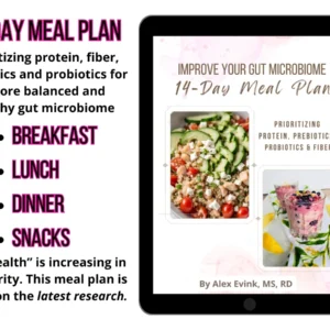The 14-day improve your gut microbiome title page along with info about the meal plan.