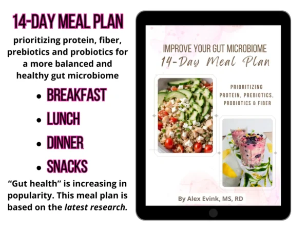 The 14-day improve your gut microbiome title page along with info about the meal plan.